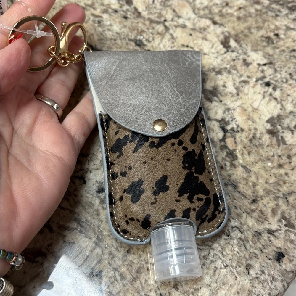 Sanitizer lotion travel case genuine leather animal calf hair Key chain